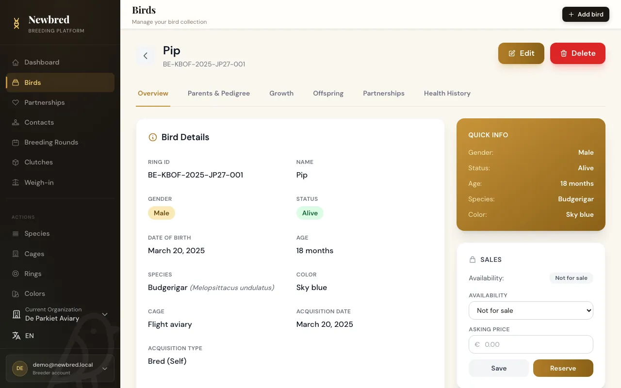 Bird page with its details, quick info and sales panel