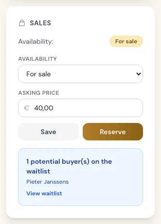 Sales panel of a bird with availability and asking price