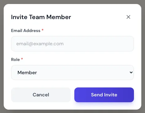 Invitation window with email address and role
