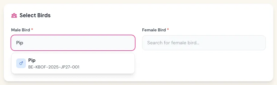 Looking up the male bird by name while creating a partnership