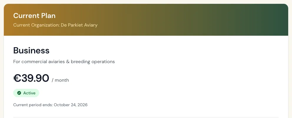 Billing page with the current plan and its period