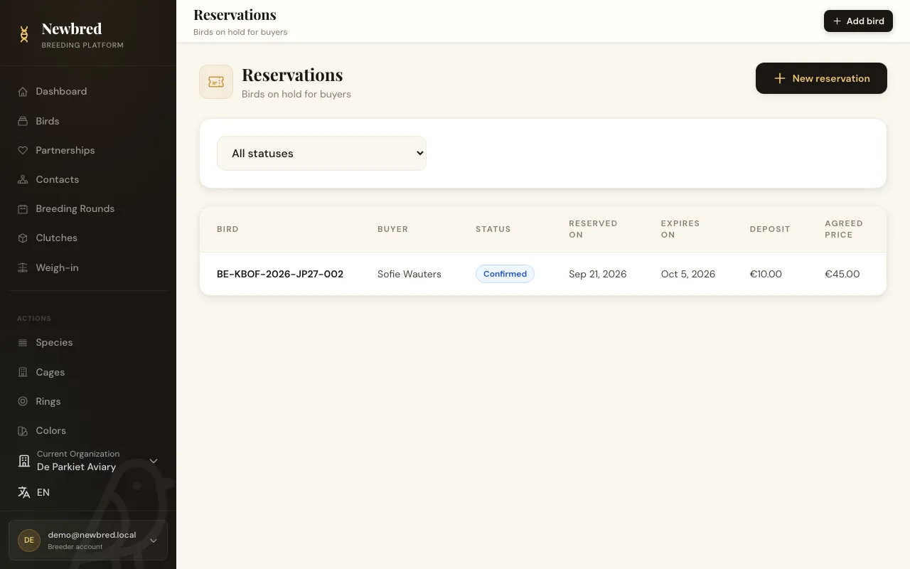 Reservations with buyer, status, deposit and agreed price